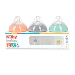 Nuby 3-Pack Infant Feeding Bottles with Slow Flow Breast Size Silicone Nipple: 0+ Months, 6oz, 3 Pack Set: Delicate Whale, Jellyfish, Turtle Prints