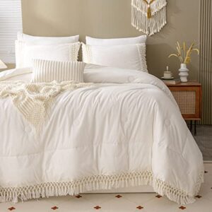 Boho King Comforter Set White Gold Comforter Set Shabby Chic Farmhouse Gold Hand Made Tufted Tassel Aesthetic Home Decor Comforter 1 Cotton Comforter 2 Pillowcases (White, King)