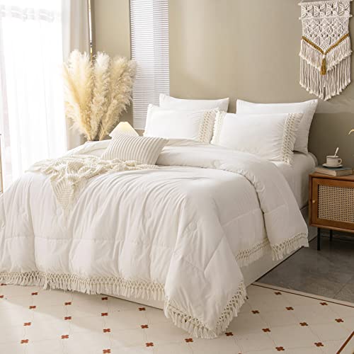 Boho King Comforter Set White Gold Comforter Set Shabby Chic Farmhouse Gold Hand Made Tufted Tassel Aesthetic Home Decor Comforter 1 Cotton Comforter 2 Pillowcases (White, King)