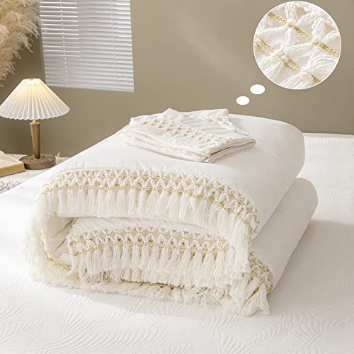 Boho King Comforter Set White Gold Comforter Set Shabby Chic Farmhouse Gold Hand Made Tufted Tassel Aesthetic Home Decor Comforter 1 Cotton Comforter 2 Pillowcases (White, King)