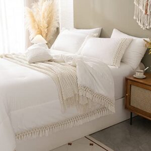 Boho King Comforter Set White Gold Comforter Set Shabby Chic Farmhouse Gold Hand Made Tufted Tassel Aesthetic Home Decor Comforter 1 Cotton Comforter 2 Pillowcases (White, King)