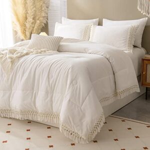 Boho King Comforter Set White Gold Comforter Set Shabby Chic Farmhouse Gold Hand Made Tufted Tassel Aesthetic Home Decor Comforter 1 Cotton Comforter 2 Pillowcases (White, King)