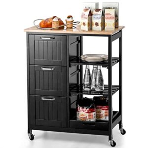 goflame kitchen island cart on wheels with storage, versatile rolling cart with wood countertop, 3 drawers, removable tray & lockable casters, mobile serving trolley for kitchen, dining room, black