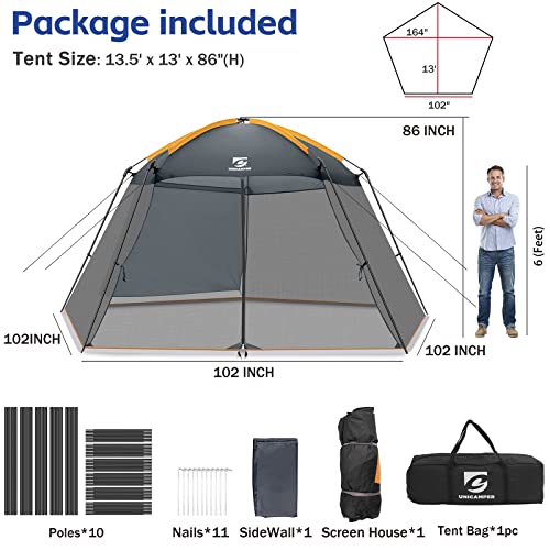 UNICAMPER Screen House 13.5x13 Ft Gazebo Mosquito Tent UPF 50+ Canopy Shelter Shade Easy Setup & Waterproof with Sidewall for Patios Outdoor Camping Activities(Grey)