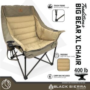 Black Sierra XL Padded Oversize Camping Chair, Heavy Duty Folding Chair W/Cup Holder and Carry Bag, Foldable Outdoor Furniture, Heavy Duty Lawn Chair Support 400 lbs (Traditions Tan)