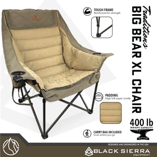 Black Sierra XL Padded Oversize Camping Chair, Heavy Duty Folding Chair W/Cup Holder and Carry Bag, Foldable Outdoor Furniture, Heavy Duty Lawn Chair Support 400 lbs (Traditions Tan)