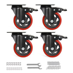 casters,4 inch caster wheels, casters set of 4 heavy duty,red polyurethane castors, safety dual locking casters with brake, swivel wheels industrial casters for furniture and workbench