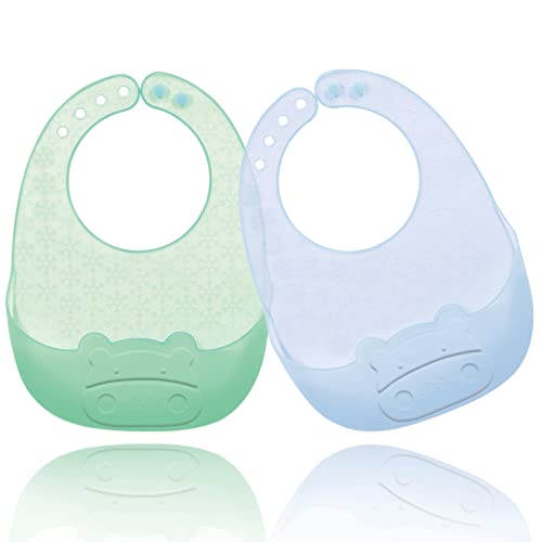 Sebikam Ultra-Thin Silicone Baby Bibs Set of 2 for Babies & Toddlers (6-72 Months) Waterproof, Soft, Unisex, Non Messy, Adjustable Fit Baby Feeding Bibs for Baby Eating(Blue & Green)