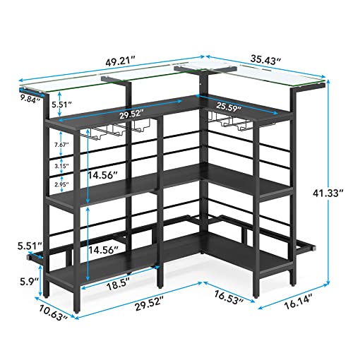 Tribesigns Home Bar Unit, L Shaped Black Liquor Bar Table with Glass Counter Top, Wine Glasses Holder, Storage Shelves and Footrest for Living Room/Basement