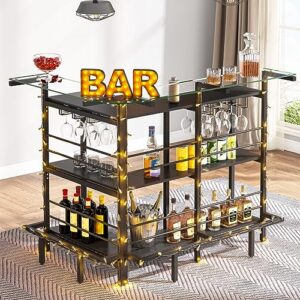 tribesigns home bar unit, l shaped black liquor bar table with glass counter top, wine glasses holder, storage shelves and footrest for living room/basement