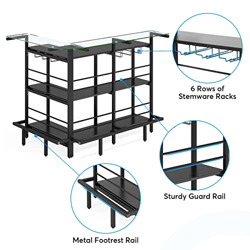 Tribesigns Home Bar Unit, L Shaped Black Liquor Bar Table with Glass Counter Top, Wine Glasses Holder, Storage Shelves and Footrest for Living Room/Basement