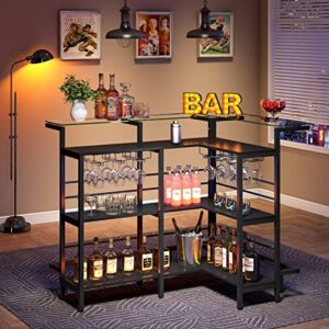 Tribesigns Home Bar Unit, L Shaped Black Liquor Bar Table with Glass Counter Top, Wine Glasses Holder, Storage Shelves and Footrest for Living Room/Basement