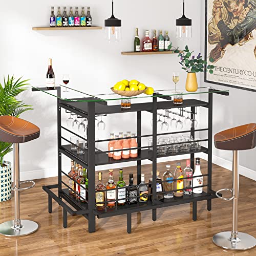 Tribesigns Home Bar Unit, L Shaped Black Liquor Bar Table with Glass Counter Top, Wine Glasses Holder, Storage Shelves and Footrest for Living Room/Basement