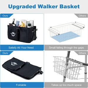 Walker Basket, Monotakou Walker Bag Water Cup Holder, Foldable Walker Storage Bag with Big Capacity & Never Tipping Over, Ideal Gift for Family and Friends - Black (for 2 Wheeled Rollator Walkers)