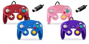 fiotok gamecube controller, classic wired controller for wii nintendo gamecube - enhanced- 4 pack （red&blue&pink&purple）