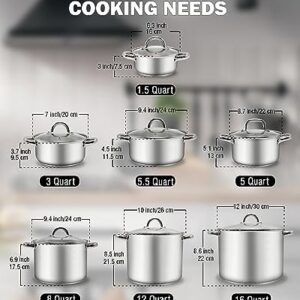 Cook N Home Sauce Pot Stainless Steel Stockpot with Glass Lid, Basic Saucier Casserole Pan Set, 6-Piece