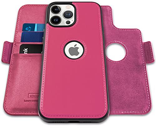 WenBelle for iPhone 14 Pro Max(6.7 inch), 2-in-1 Magnetic Detachable TPU Shockproof Genuine Leather Wallet Case,RFID Blocking Protection,Viewing Stand and Card Slots Flip Cases (Rose Red)