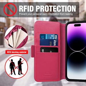 WenBelle for iPhone 14 Pro Max(6.7 inch), 2-in-1 Magnetic Detachable TPU Shockproof Genuine Leather Wallet Case,RFID Blocking Protection,Viewing Stand and Card Slots Flip Cases (Rose Red)