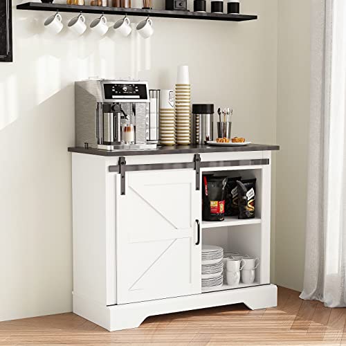 HOMFAMILIA 28" H Farmhouse Coffee Bar Cabinet w/Storage, White Kitchen Sideboard Buffet Cabinet with Sliding Barn Door, Rustic Accent Console with Adjustable Shelves, for Kitchen, Living Room