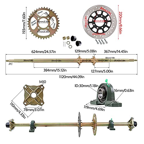 Futchoy 44" Rear Live Axle Complete Kit Go Kart Axle 44 inch with Pillow Block + Sprocket + Brake Disc + 4 Bolt Hub for ATV Quad Go Kart Golf Cart