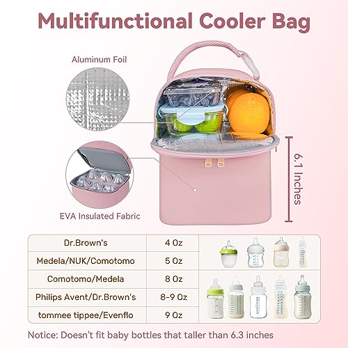 Mancro Breastmilk Cooler Bag with Ice Pack, Insulated Baby Bottle Bag Fits 6 Baby Bottles Up to 9 Ounce, Double Layer Bottle Bag for Daycare, Breast Milk Cooler Travel Bag for Nursing Mom, Pink