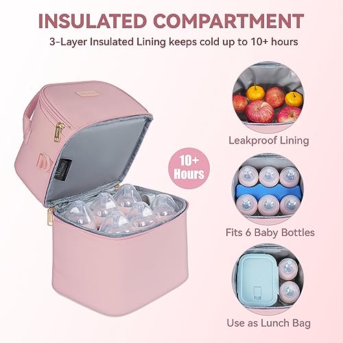 Mancro Breastmilk Cooler Bag with Ice Pack, Insulated Baby Bottle Bag Fits 6 Baby Bottles Up to 9 Ounce, Double Layer Bottle Bag for Daycare, Breast Milk Cooler Travel Bag for Nursing Mom, Pink