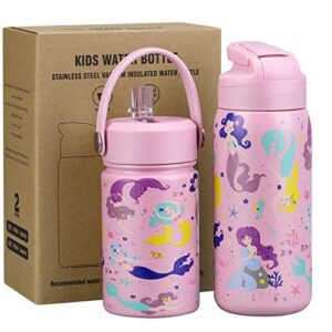 kids insulated water bottle with straw for toddler 2pcs 12oz and 15oz stainless steel double wall vacuum water bottle set keep hot cold bpa free and leakproof suitable boys girls for school, travel
