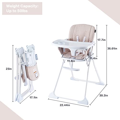 Pamo Babe High Chair for Toddlers Adjustable Baby Highchair with Removable Open Tray Wipeable Seat Pad (Beige)