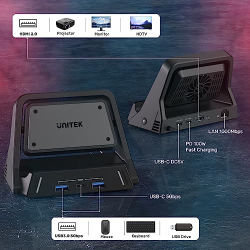 Unitek ROG Ally/Steam Deck Docking Station - Cooling Charging Dock with Gigabit Ethernet, HDMI 2.0 4K@60Hz, 100W PD Charging, 3*USB 5Gbps, RGB Lights for Steamdeck, ROG Ally, Type-C Devices