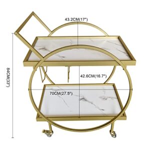 AT-VALY Bar Cart with Wine Rack,2-Tier Mobile Serving Cart on Wheels,Wine Cart for Home, Kitchen,Gold