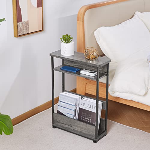 Vintage Narrow Side Table with Storage Shelf, 3 Tier Slim End Table Modern Sofa Table for Narrow and Small Spaces, Bedside Table Small Nightstand with Magazine Rack/Grey, 7.1D x 18.1W x 24.6H inch