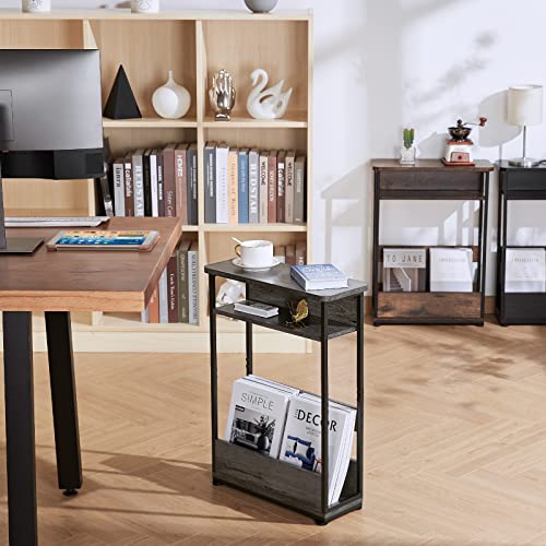 Vintage Narrow Side Table with Storage Shelf, 3 Tier Slim End Table Modern Sofa Table for Narrow and Small Spaces, Bedside Table Small Nightstand with Magazine Rack/Grey, 7.1D x 18.1W x 24.6H inch