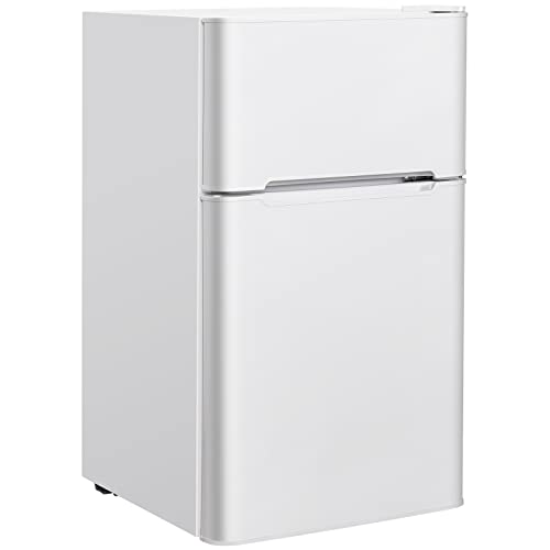 LHONE 2-Door Compact Refrigerator, 3.2 cu ft.Mini Fridge with Freezer,Freezer Compact Small Fridge with Refrigerators Thermostat,Removable Glass Shelves,Low Noise,Stainless Steel (White)