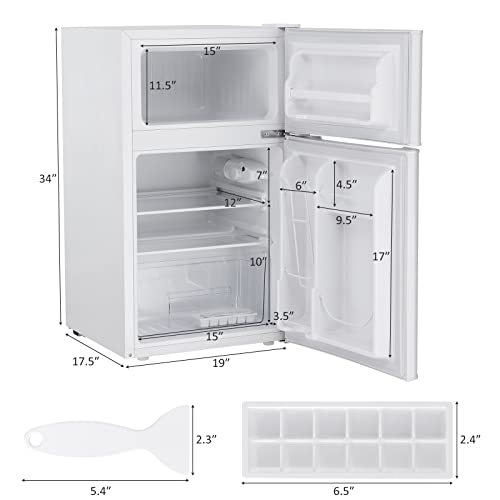 LHONE 2-Door Compact Refrigerator, 3.2 cu ft.Mini Fridge with Freezer,Freezer Compact Small Fridge with Refrigerators Thermostat,Removable Glass Shelves,Low Noise,Stainless Steel (White)