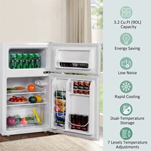 LHONE 2-Door Compact Refrigerator, 3.2 cu ft.Mini Fridge with Freezer,Freezer Compact Small Fridge with Refrigerators Thermostat,Removable Glass Shelves,Low Noise,Stainless Steel (White)