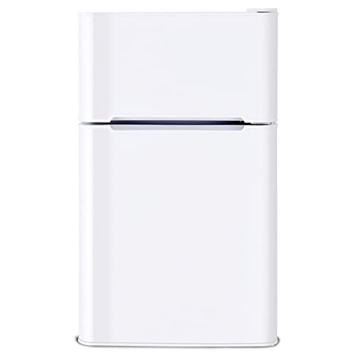 LHONE 2-Door Compact Refrigerator, 3.2 cu ft.Mini Fridge with Freezer,Freezer Compact Small Fridge with Refrigerators Thermostat,Removable Glass Shelves,Low Noise,Stainless Steel (White)