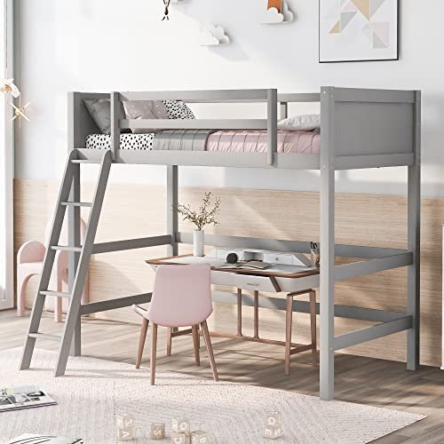 CNANXU Solid Wood Loft Bed with Ladder and Safety Guardrail for Boys,Girls,Teens and Adults,Twin Size Bed Frame for Bedroom w/Wooden Slat Support,Space Saving,No Spring Box Needed, Noise Free (Gray)