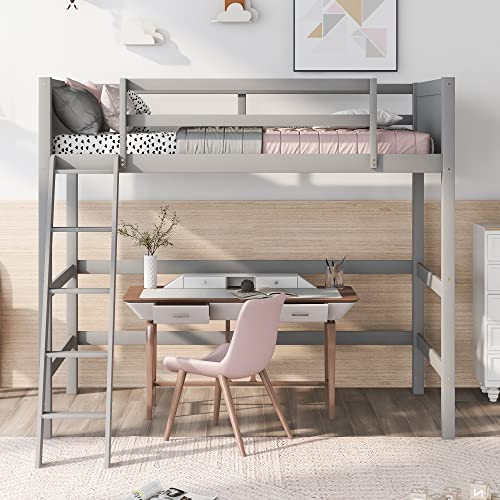 CNANXU Solid Wood Loft Bed with Ladder and Safety Guardrail for Boys,Girls,Teens and Adults,Twin Size Bed Frame for Bedroom w/Wooden Slat Support,Space Saving,No Spring Box Needed, Noise Free (Gray)