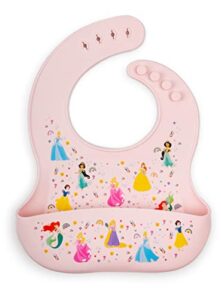 simple modern disney silicone bib for babies, toddlers | lightweight baby bibs for eating with food catcher pocket | soft silicone with adjustable fit | bennett collection | princess rainbows