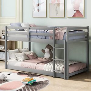 zjiah solid wood twin over twin floor bunk bed w ladder, safety guard rails, 400lbs wooden twin bunk beds for teens/adults, low bed frame bedroom furniture, no box spring required, grey
