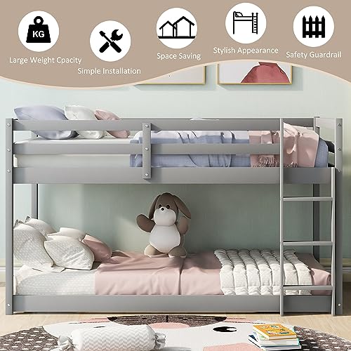 ZJIAH Solid Wood Twin Over Twin Floor Bunk Bed w Ladder, Safety Guard Rails, 400LBS Wooden Twin Bunk Beds for Teens/Adults, Low Bed Frame Bedroom Furniture, No Box Spring Required, Grey