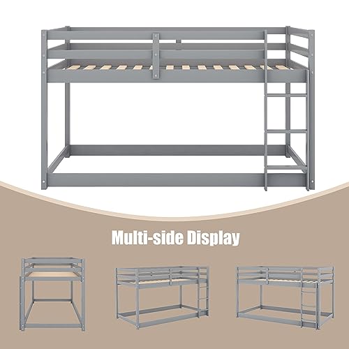 ZJIAH Solid Wood Twin Over Twin Floor Bunk Bed w Ladder, Safety Guard Rails, 400LBS Wooden Twin Bunk Beds for Teens/Adults, Low Bed Frame Bedroom Furniture, No Box Spring Required, Grey