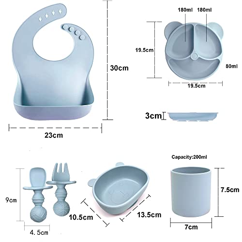 TINGGNIT 6pcs Silicone Baby Feeding Set, Silicone Bib, Toddler, Bowl, Straw Cup with Suction Baby Plate Fork&Spoon Baby Eating Supplies, Baby Plates With Suction,Baby Gifts,(Dust Blue）