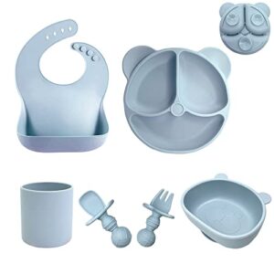 tinggnit 6pcs silicone baby feeding set, silicone bib, toddler, bowl, straw cup with suction baby plate fork&spoon baby eating supplies, baby plates with suction,baby gifts,(dust blue）