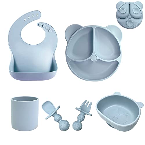 TINGGNIT 6pcs Silicone Baby Feeding Set, Silicone Bib, Toddler, Bowl, Straw Cup with Suction Baby Plate Fork&Spoon Baby Eating Supplies, Baby Plates With Suction,Baby Gifts,(Dust Blue）