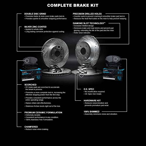 R1 Concepts Front Rear Brakes and Rotors Kit |Front Rear Brake Pads| Brake Rotors and Pads| Ceramic Brake Pads and Rotors |Hardware Kit WGWH2-67047