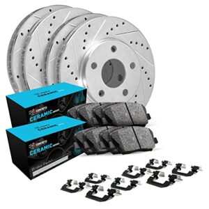 r1 concepts front rear brakes and rotors kit |front rear brake pads| brake rotors and pads| ceramic brake pads and rotors |hardware kit|fits 2008-2020 infiniti g37, q60; nissan 350z, 370z