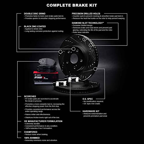 R1 Concepts Front Brakes and Rotors Kit |Front Brake Pads| Brake Rotors and Pads| Optimum OEp Brake Pads and Rotors |Hardware Kit|fits 2005-2021 Chrysler 300; Dodge Challenger, Charger, Magnum