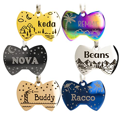 Personalized Dog Tag with 5 Lines of Custom Deep Engraved Durable Stainless Steel Pet ID Name Tag Designer Small Size Bow Tie