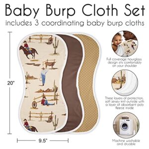 Sweet Jojo Designs Western Cowboy Baby Boy Absorbent Burp Cloths for Infant Newborn - Red Blue Tan Chocolate Brown and White Wild West Southern Country Horse - 3 Pack Set of Dribble Drool Cloths